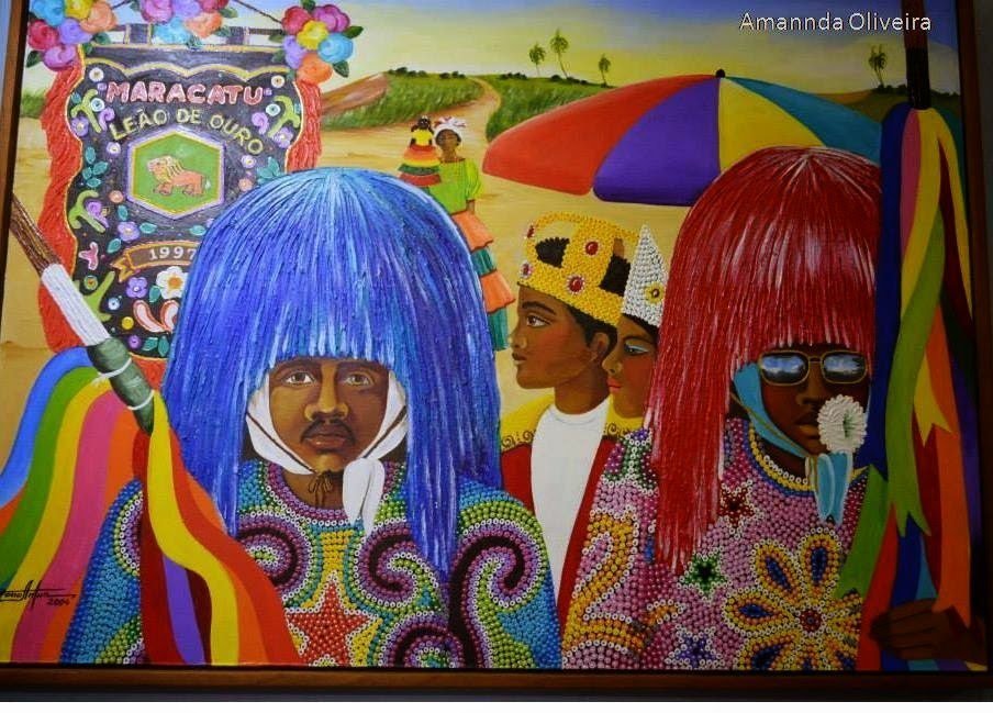 Tela de João Artur com o estandarte do Maracatu Leão de Ouro e caboclos de lança
