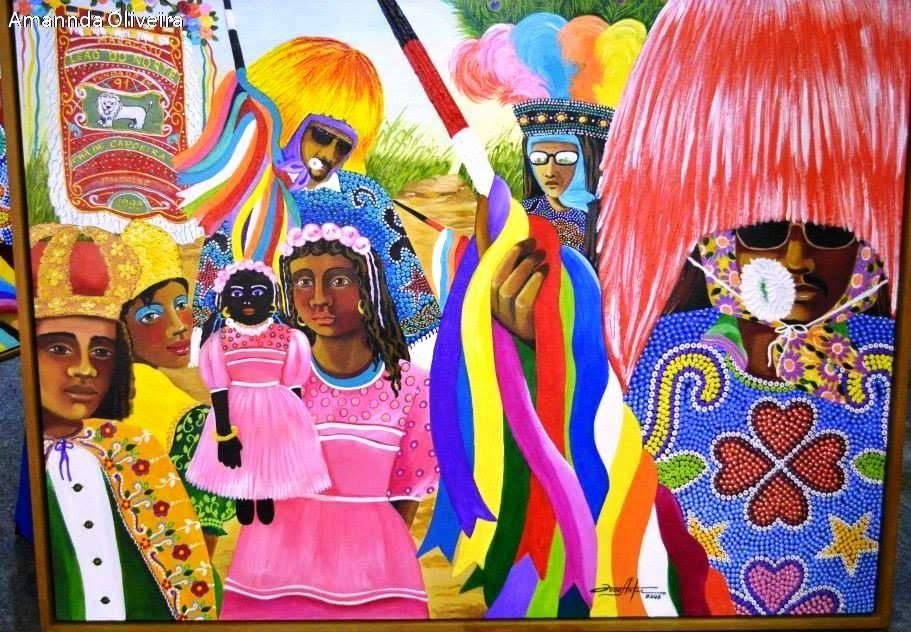 Tela de João Artur com caboclos de lança, a corte e o estandarte do maracatu